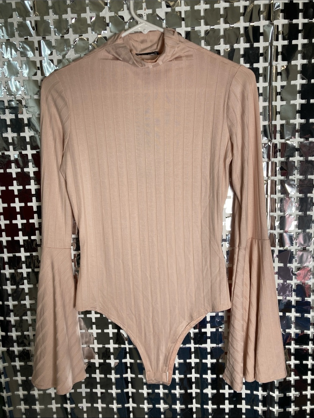Fashion Nova Ribbed Mock Neck Bell-Sleeve Bodysuit in Blush Pink